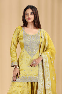Gold Yellow Tissue Organza Suit Set with Sequins, Stone & Zari Work
