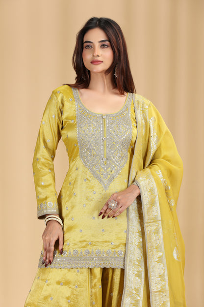 Gold Yellow Tissue Organza Suit Set with Sequins, Stone & Zari Work