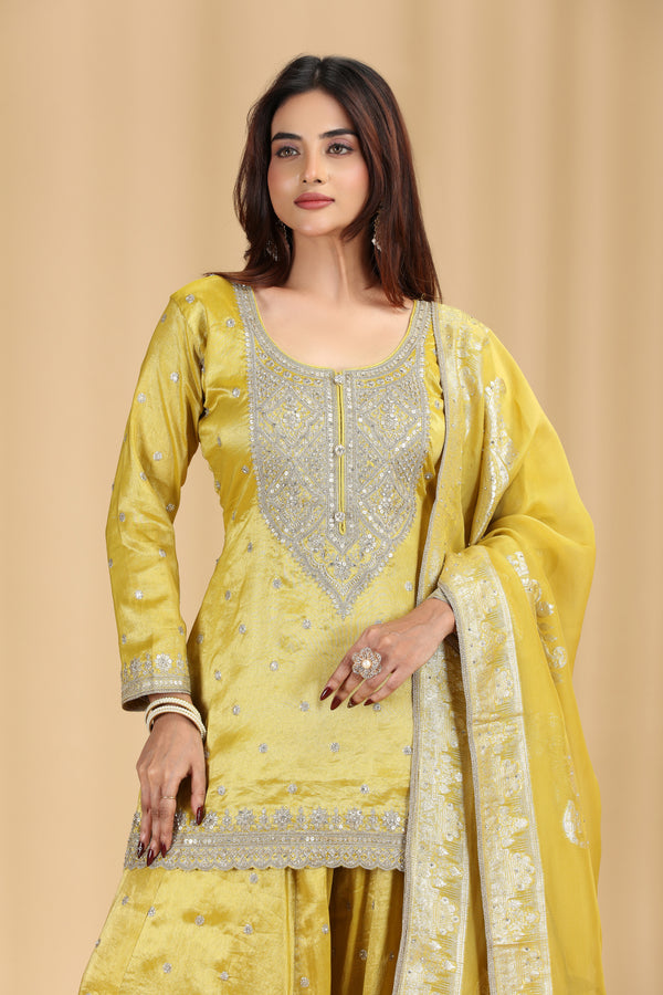 Gold Yellow Tissue Organza Suit Set with Sequins, Stone & Zari Work