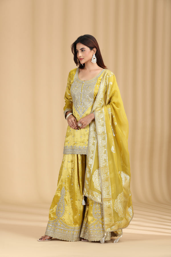 Gold Yellow Tissue Organza Suit Set with Sequins, Stone & Zari Work