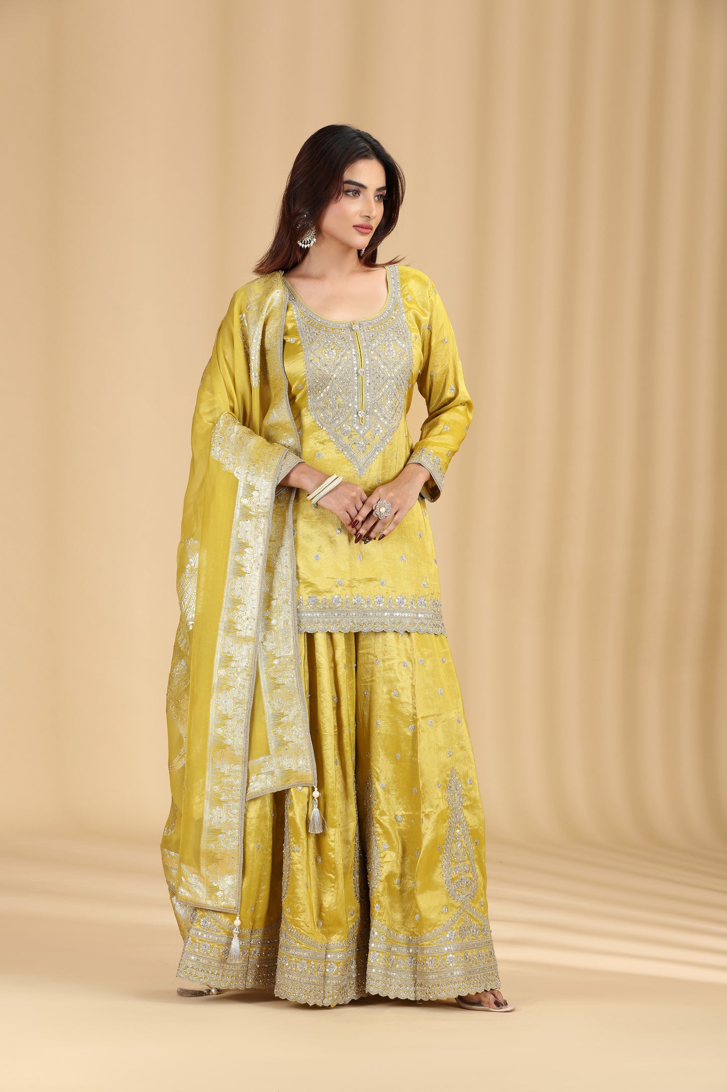 Gold Yellow Tissue Organza Suit Set with Sequins, Stone & Zari Work
