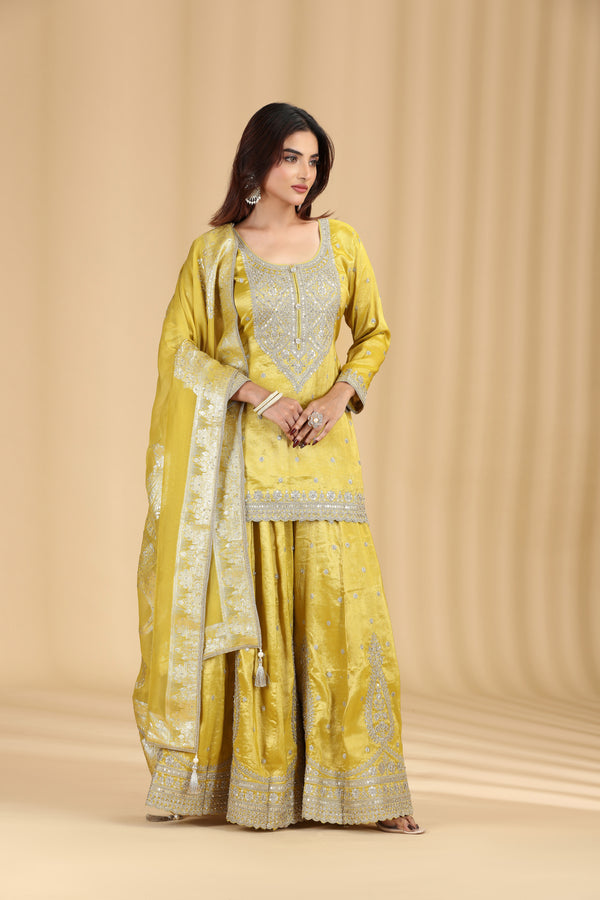 Gold Yellow Tissue Organza Suit Set with Sequins, Stone & Zari Work