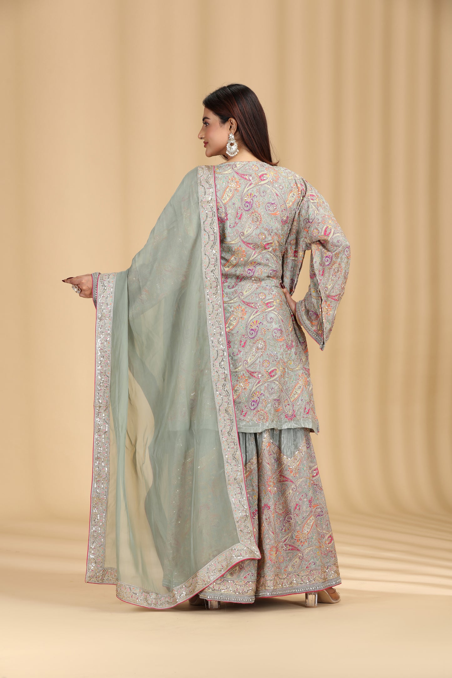 Light Pista Crepe Suit Set with Sequins, Cutdana, Print & Zari Work