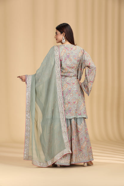 Light Pista Crepe Suit Set with Sequins, Cutdana, Print & Zari Work