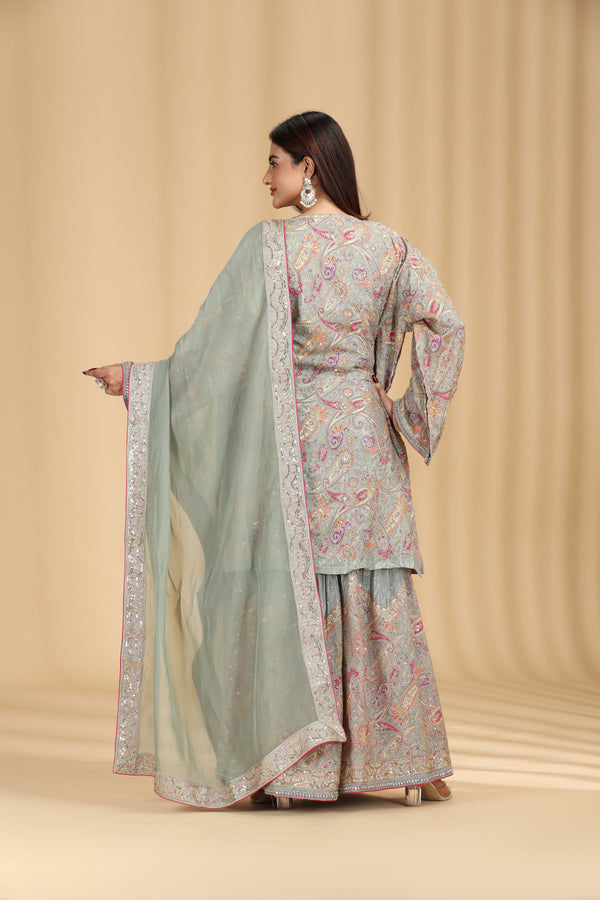 Light Pista Crepe Suit Set with Sequins, Cutdana, Print & Zari Work