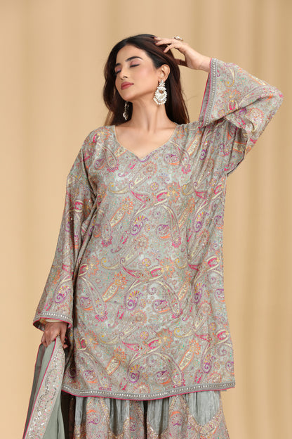 Light Pista Crepe Suit Set with Sequins, Cutdana, Print & Zari Work