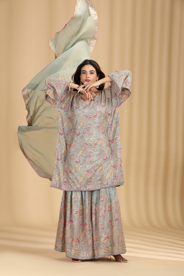 Light Pista Crepe Suit Set with Sequins, Cutdana, Print & Zari Work