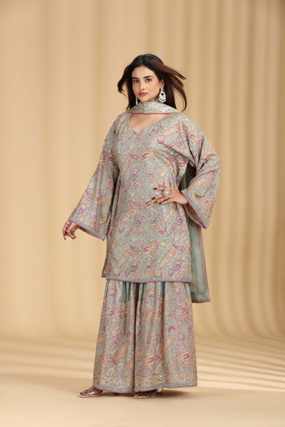 Light Pista Crepe Suit Set with Sequins, Cutdana, Print & Zari Work