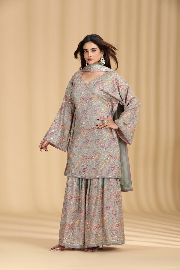 Light Pista Crepe Suit Set with Sequins, Cutdana, Print & Zari Work