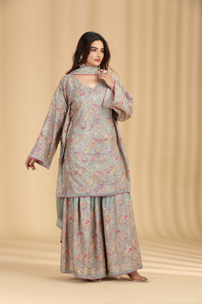 Light Pista Crepe Suit Set with Sequins, Cutdana, Print & Zari Work