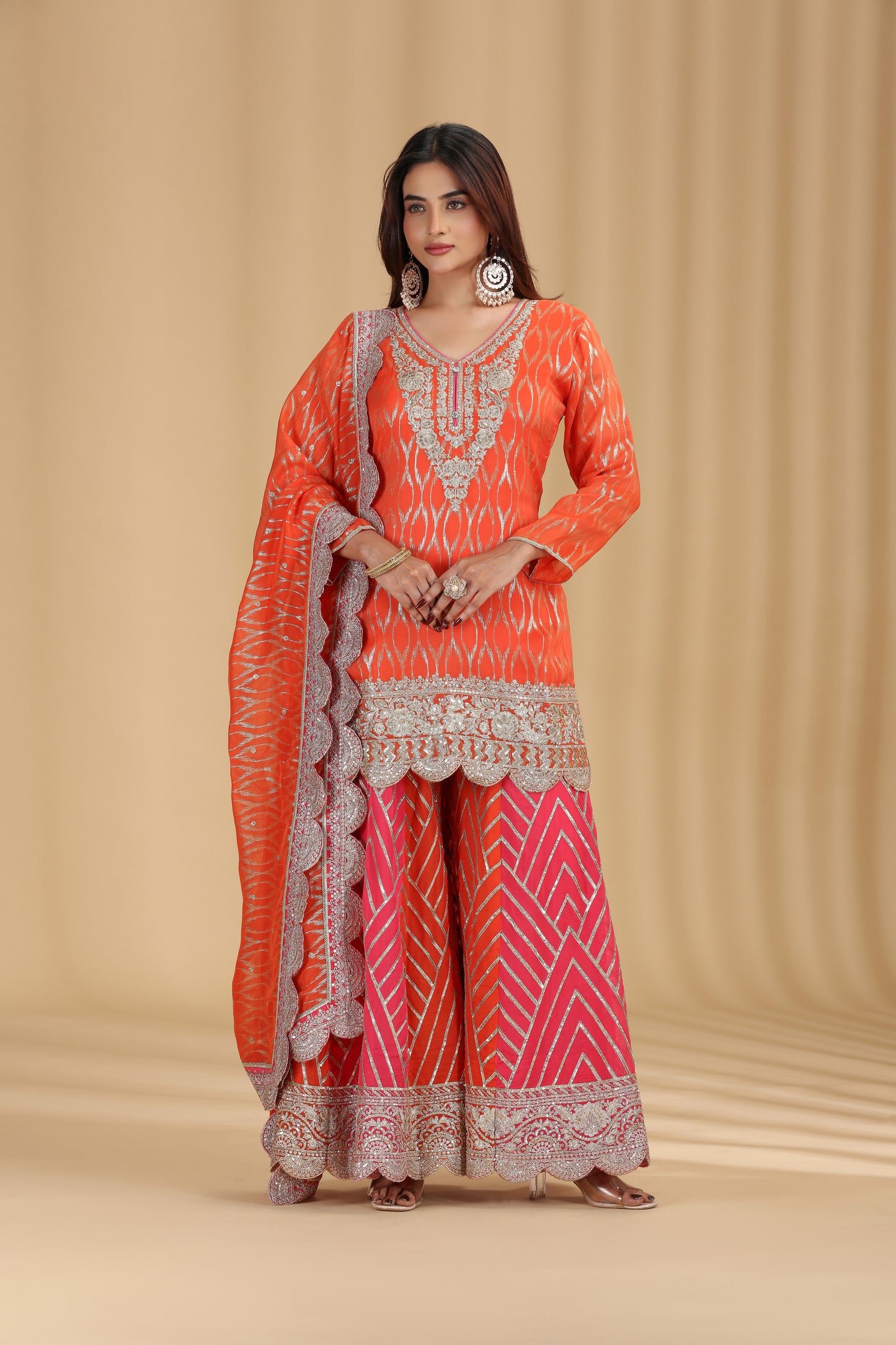 Orange Georgette Suit Set with Sequins & Zari Work