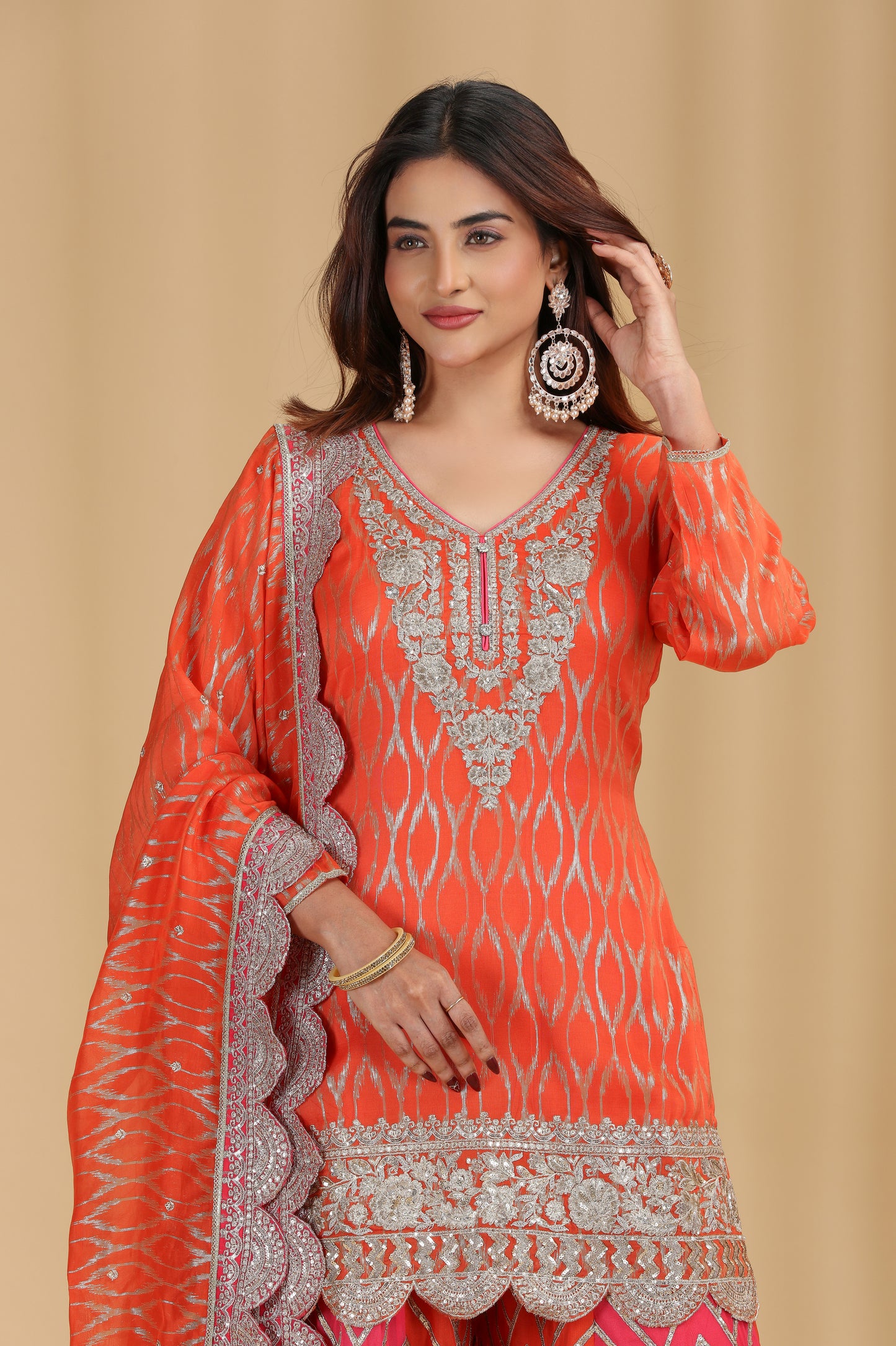 Orange Georgette Suit Set with Sequins & Zari Work