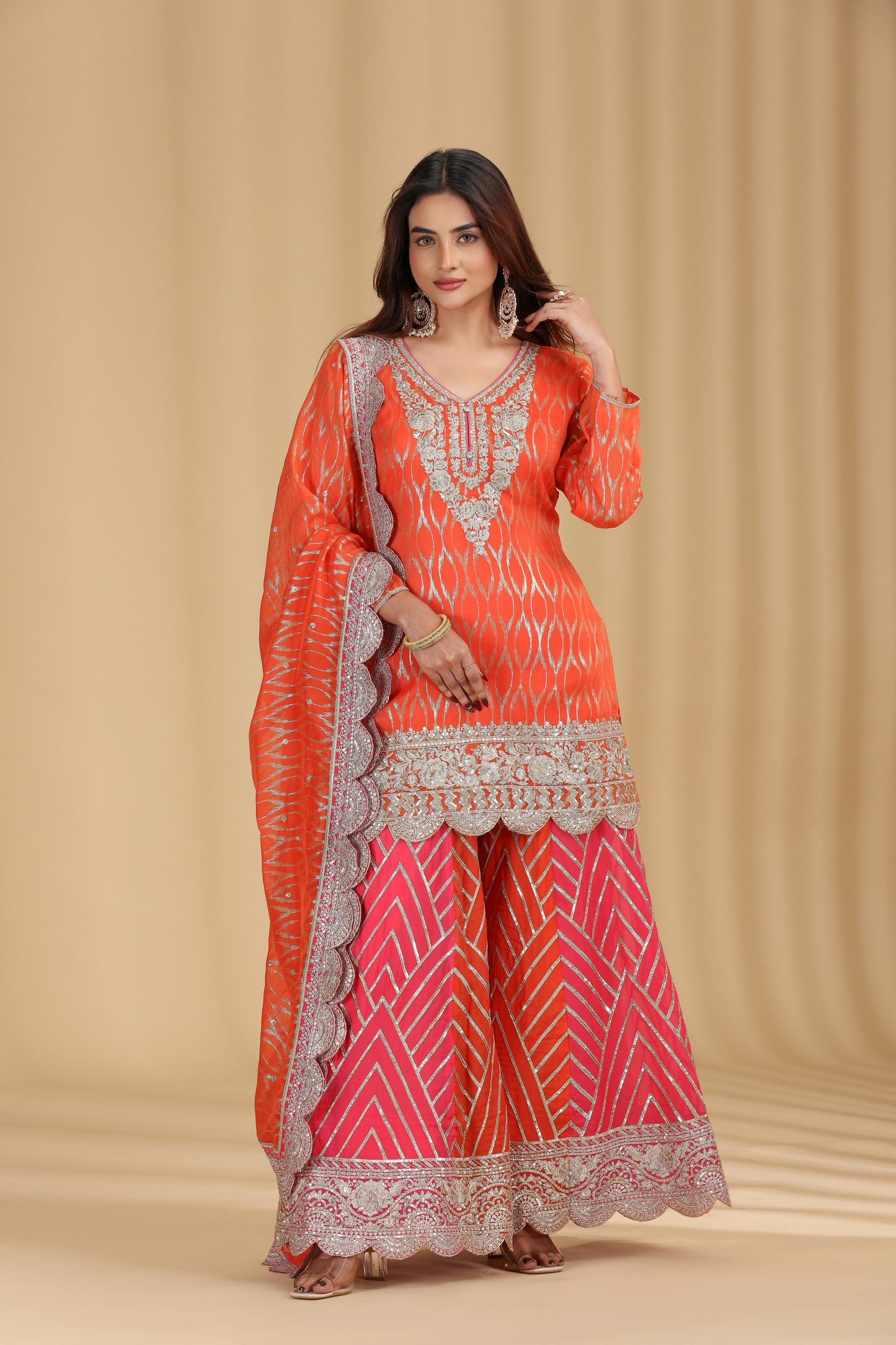 Orange Georgette Suit Set with Sequins & Zari Work