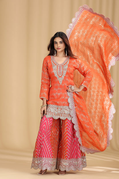Orange Georgette Suit Set with Sequins & Zari Work