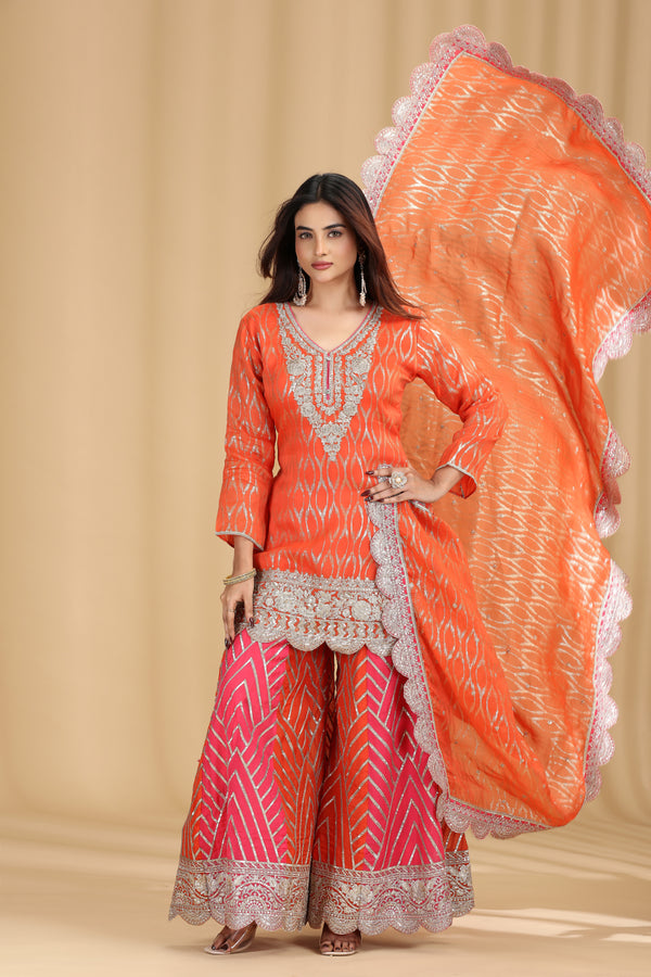 Orange Georgette Suit Set with Sequins & Zari Work
