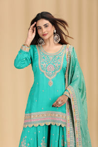 Green Organza Outfit with Mirror & Zari Work