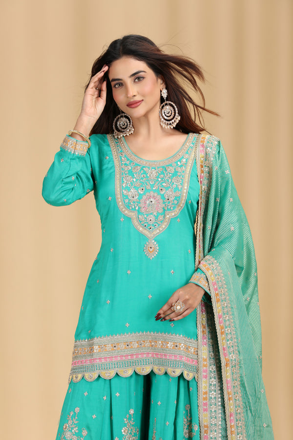 Green Organza Outfit with Mirror & Zari Work