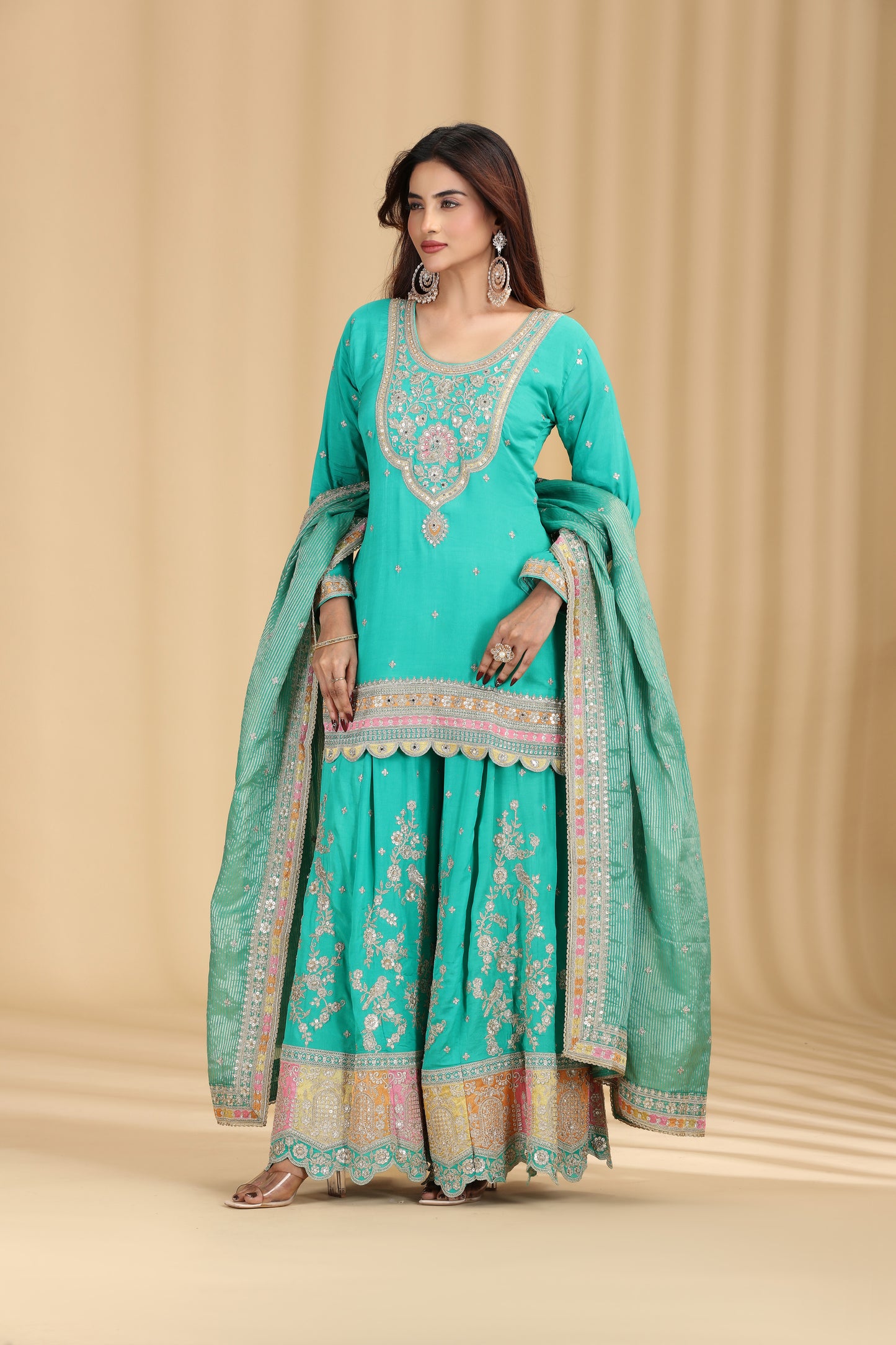 Green Organza Outfit with Mirror & Zari Work