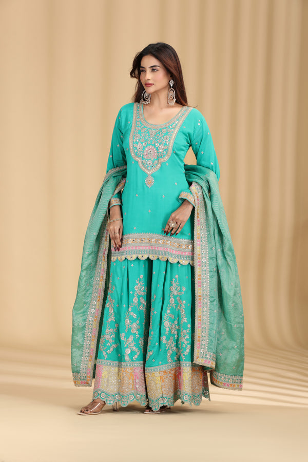 Green Organza Outfit with Mirror & Zari Work