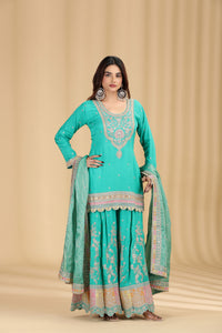 Green Organza Outfit with Mirror & Zari Work