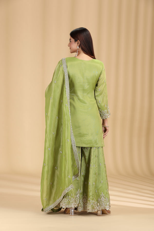 Green Tissue Suit Set with Sequins, Cutdana & Zari Work