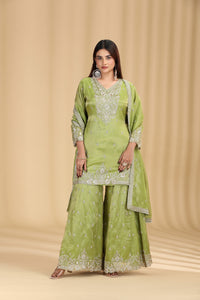 Green Tissue Suit Set with Sequins, Cutdana & Zari Work