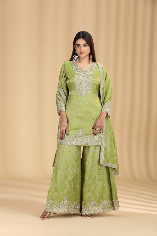 Green Tissue Suit Set with Sequins, Cutdana & Zari Work