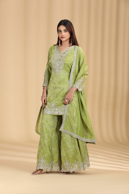 Green Tissue Suit Set with Sequins, Cutdana & Zari Work