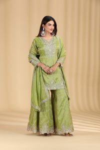 Green Tissue Suit Set with Sequins, Cutdana & Zari Work