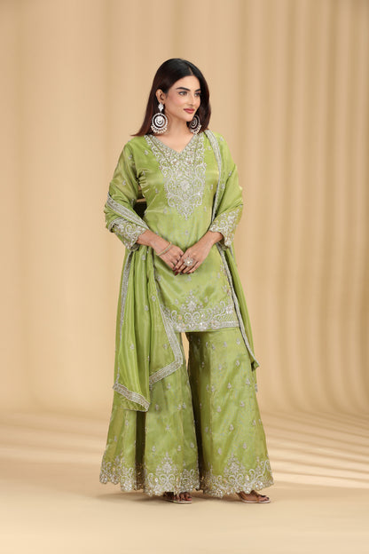 Green Tissue Suit Set with Sequins, Cutdana & Zari Work