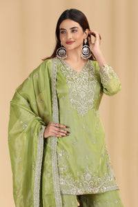 Green Tissue Suit Set with Sequins, Cutdana & Zari Work