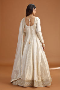 Woman wearing a ivory silk gown with a sheer dupatta against a brown background