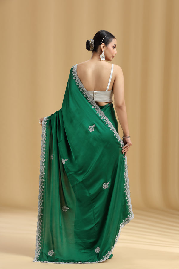Bottle Green Satin Silk Saree with Cutdana & Stone Detailing and Unstitched Blouse