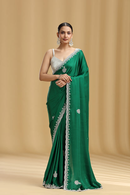 Bottle Green Satin Silk Saree with Cutdana & Stone Detailing and Unstitched Blouse