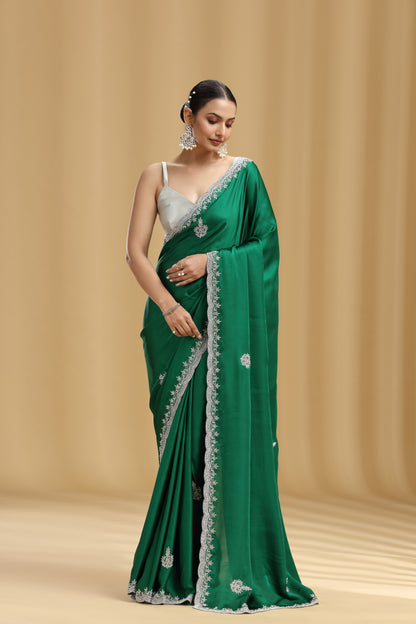Bottle Green Satin Silk Saree with Cutdana & Stone Detailing and Unstitched Blouse