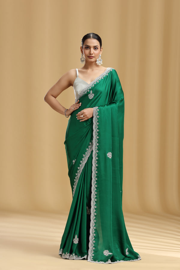 Green Crepe Saree with Cutdana, Pearl & Stone Work (Unstitched)