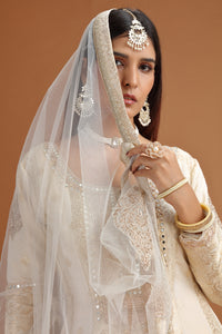 Woman in traditional attire with a veil against a brown background