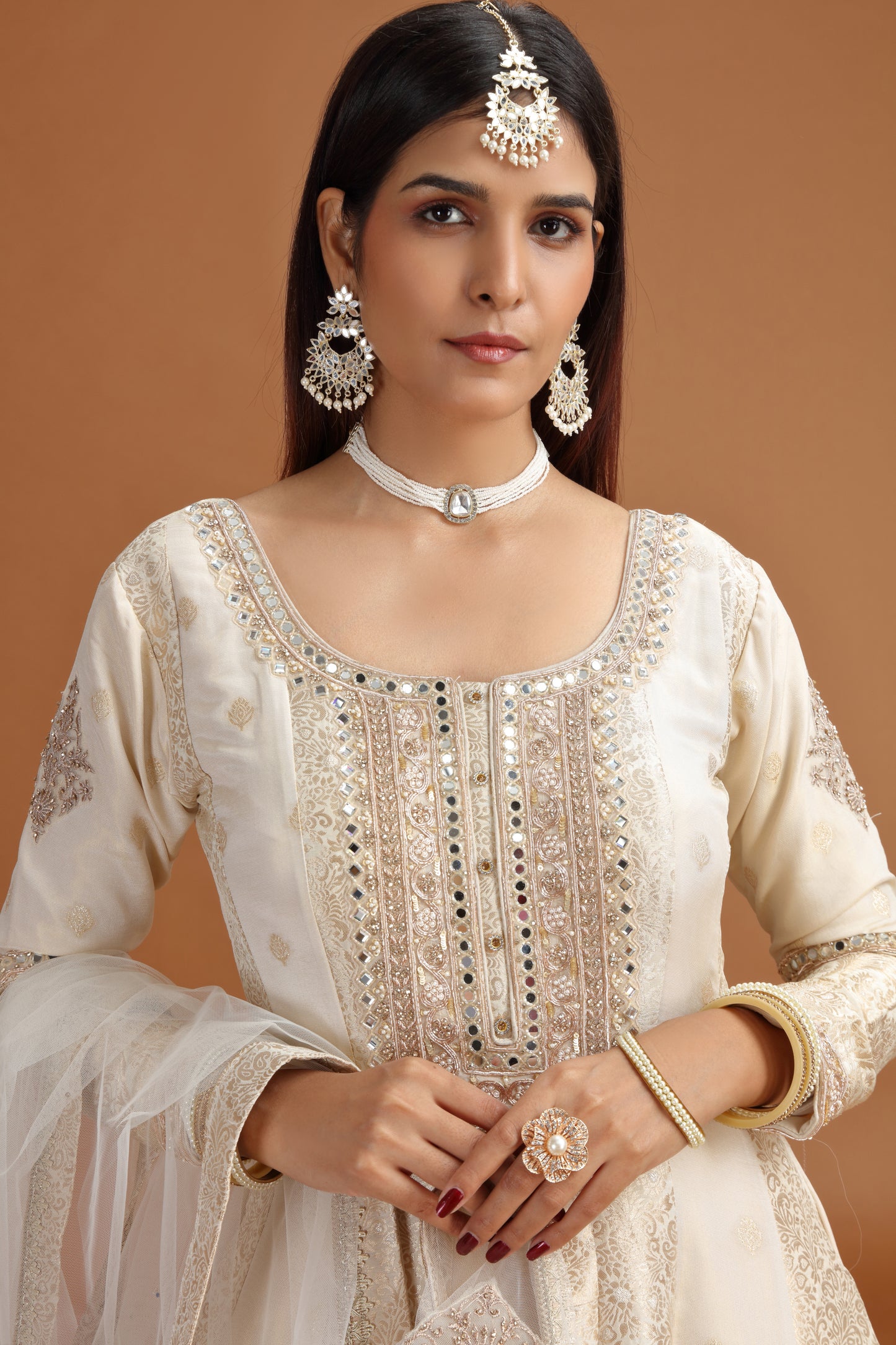 Ivory Banarasi Silk Gown with Mirror, Moti & Zari Work