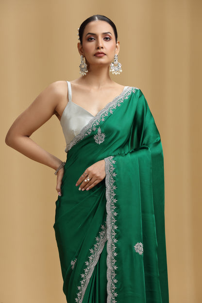 Bottle Green Satin Silk Saree with Cutdana & Stone Detailing and Unstitched Blouse