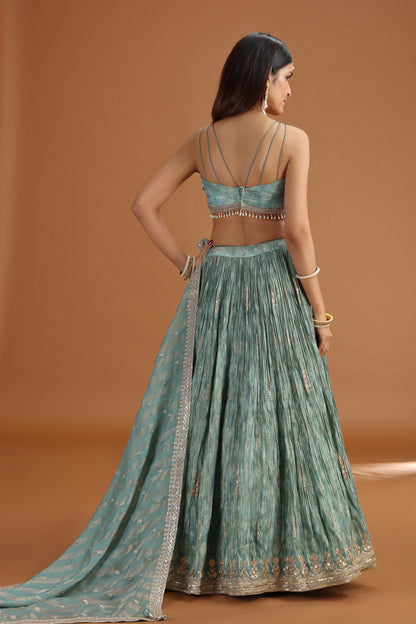 Green Tissue Lehenga Set with Organza Dupatta & Zari Zardosi Work