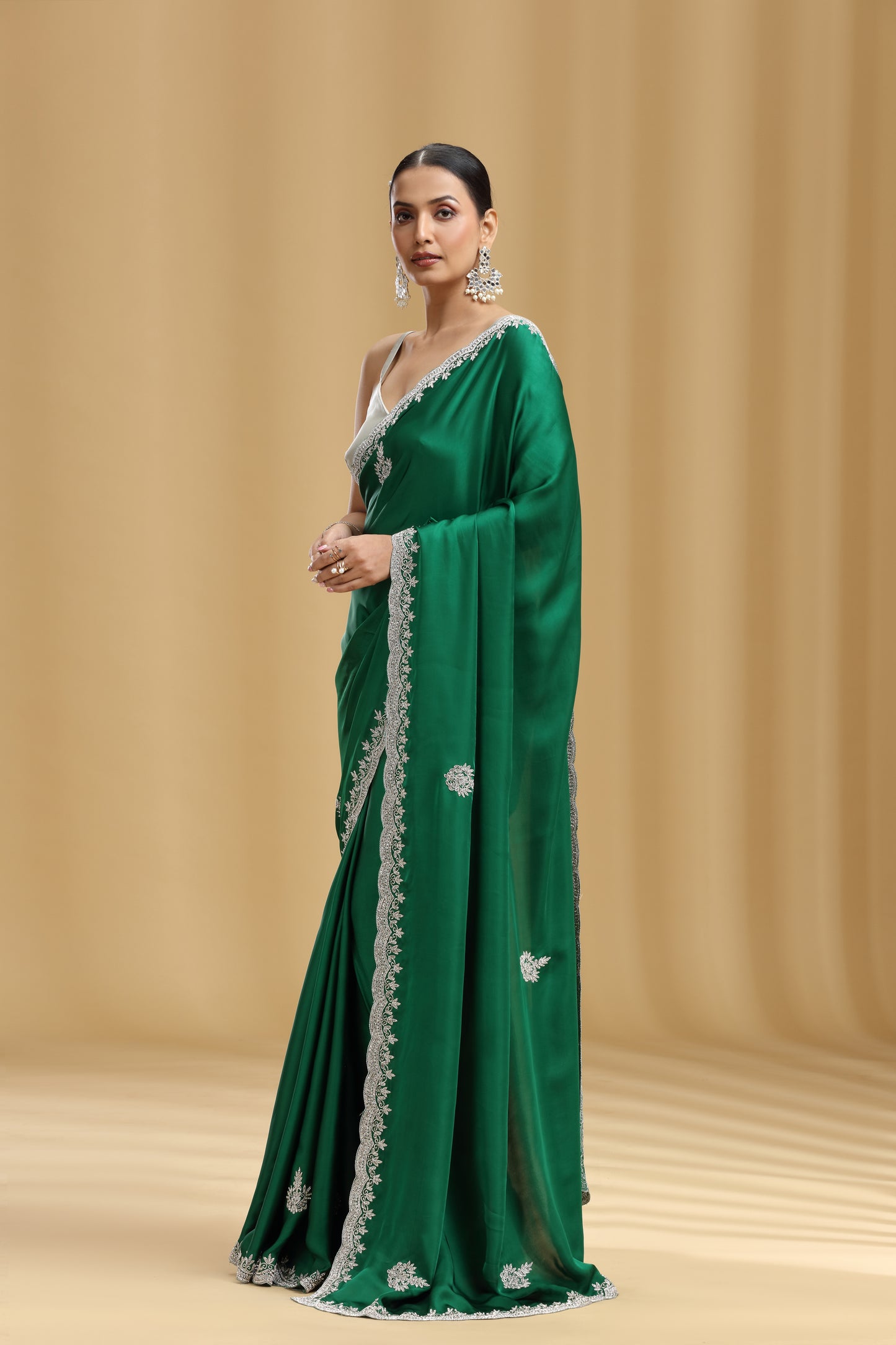 Bottle Green Satin Silk Saree with Cutdana & Stone Detailing and Unstitched Blouse