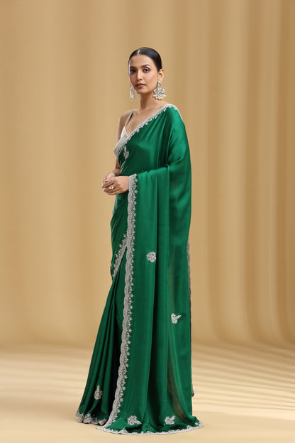 Bottle Green Satin Silk Saree with Cutdana & Stone Detailing and Unstitched Blouse
