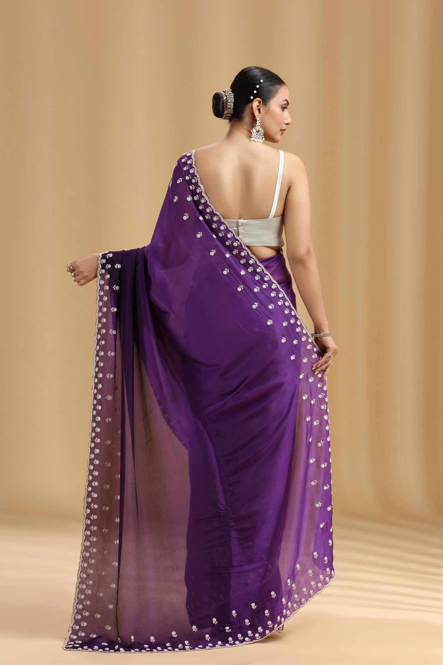 Purple Ombre Crepe Saree with Sequins, Cutdana & Stone Work (Unstitched)