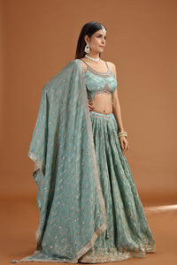 Woman wearing a traditional green lehenga with a brown background