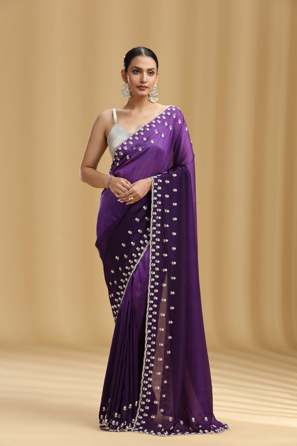 Purple Ombre Crepe Saree with Sequins, Cutdana & Stone Work (Unstitched)