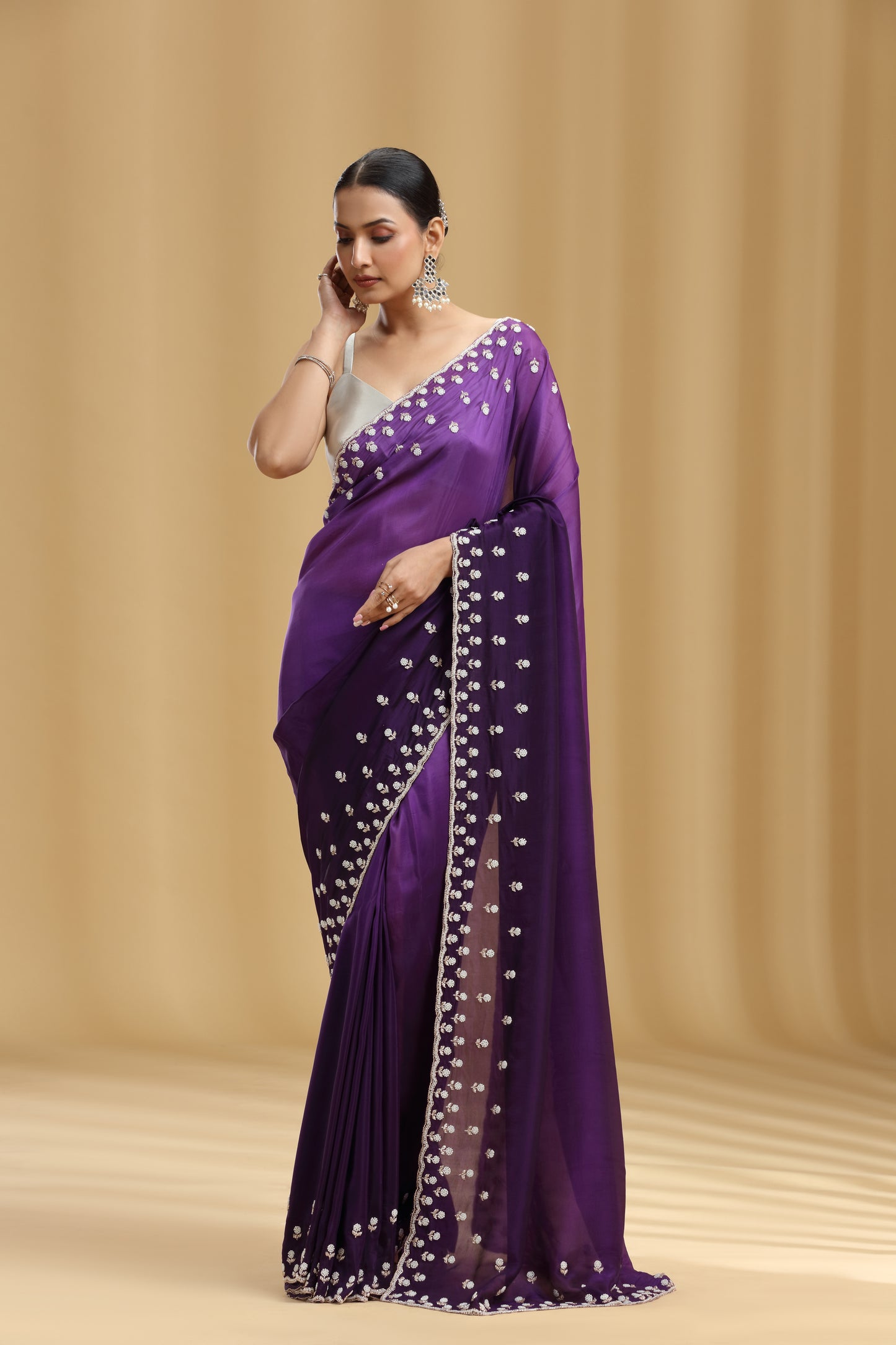 Purple Ombre Crepe Saree with Sequins, Cutdana & Stone Work (Unstitched)