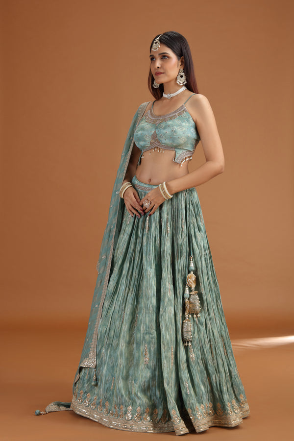 Green Tissue Lehenga Set with Organza Dupatta & Zari Zardosi Work