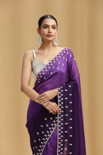 Purple Ombre Crepe Saree with Sequins, Cutdana & Stone Work (Unstitched)