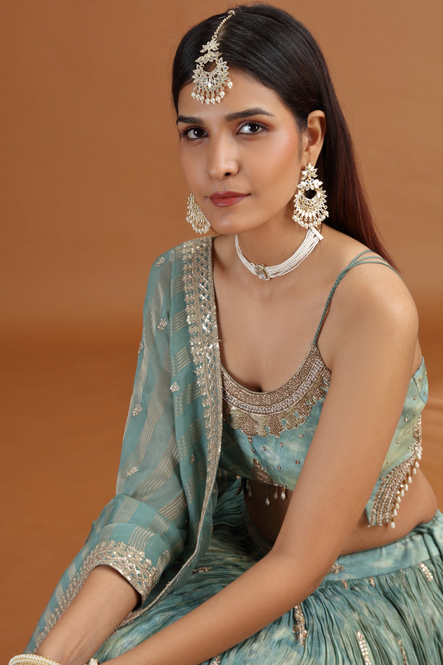 Green Tissue Lehenga Set with Organza Dupatta & Zari Zardosi Work