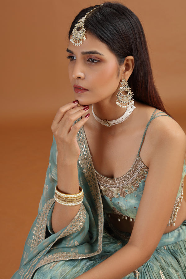 Green Tissue Lehenga Set with Organza Dupatta & Zari Zardosi Work